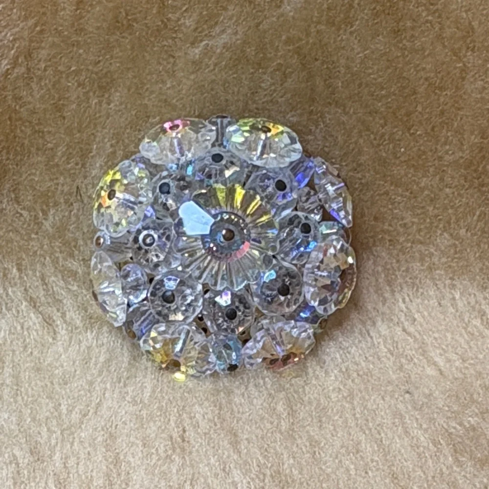 Vintage Crystal Brooch with Iridescent Flower Accents